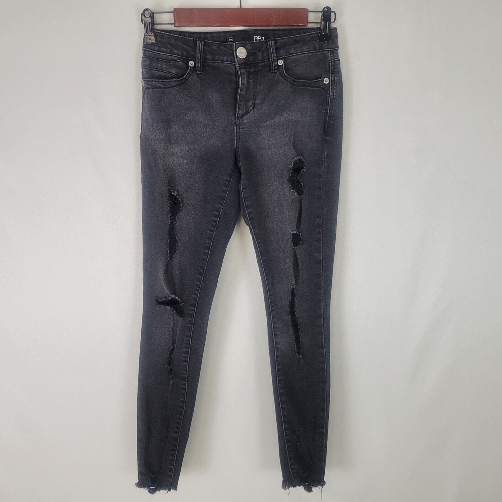 BBJ Jeans Juniors 1 Black Denim Low Rise Womens Distressed Skinny‎ Frayed Ankle